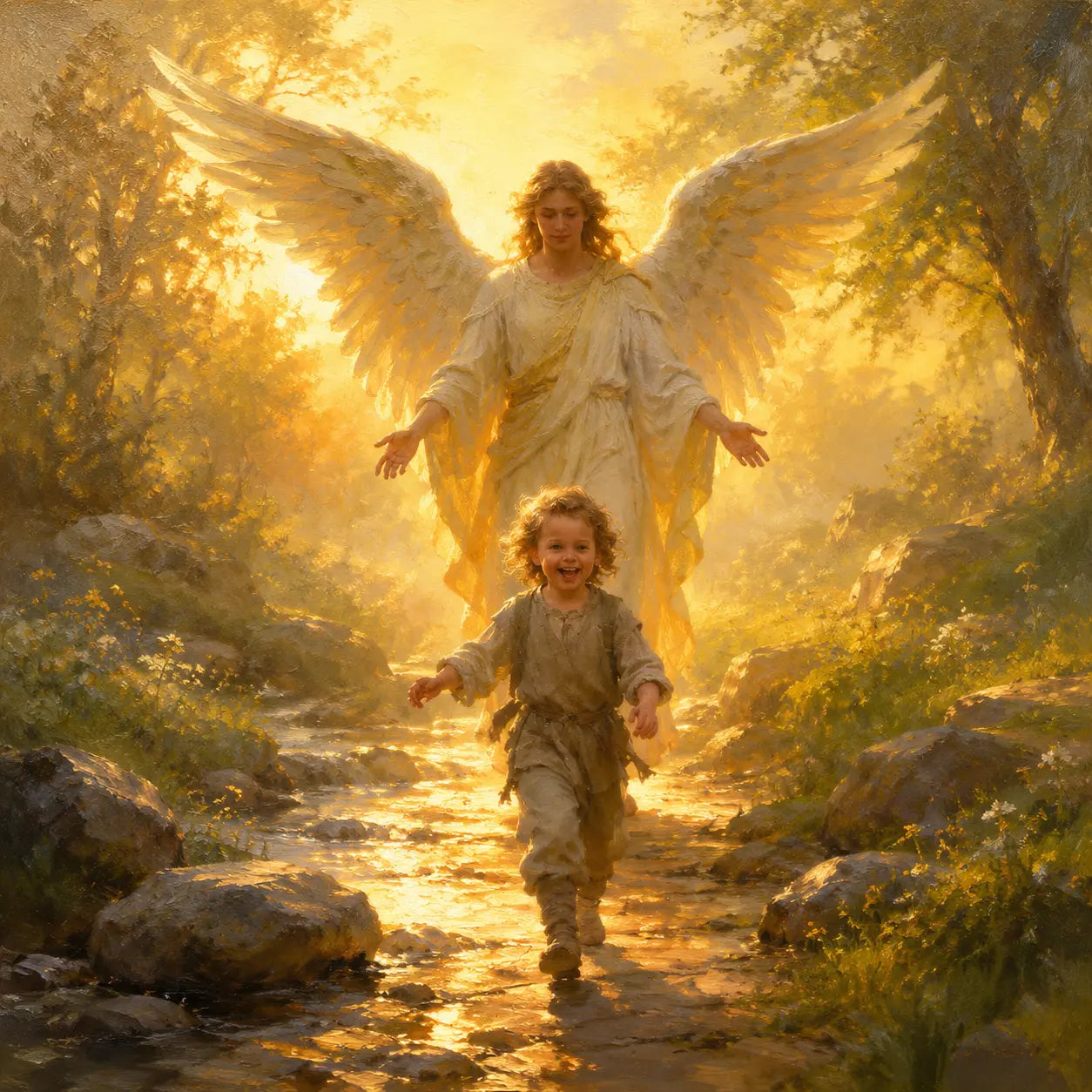 Guardian and loved one beside a luminous golden stream
