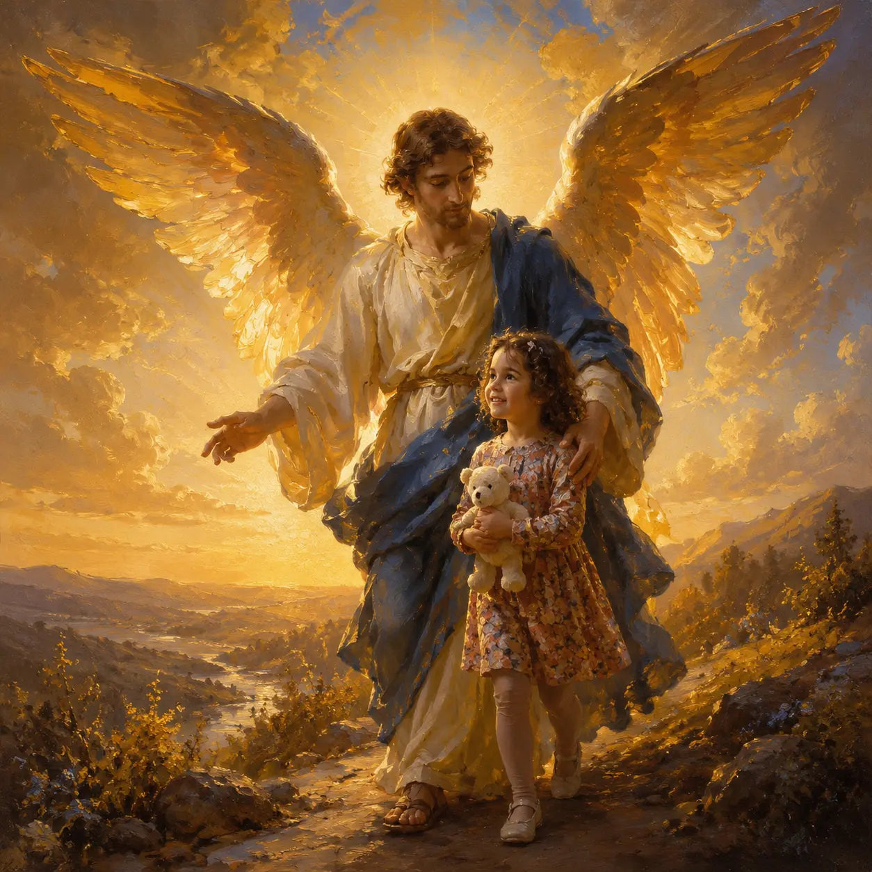 A heavenly guardian watching over a family gathered in nature