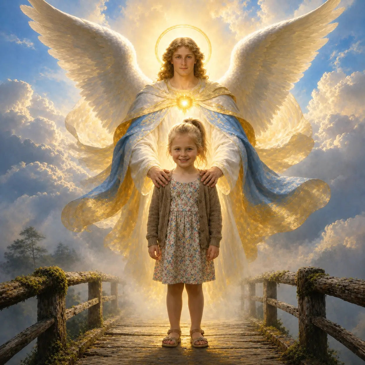 A celestial guardian surrounding a little girl with luminous light