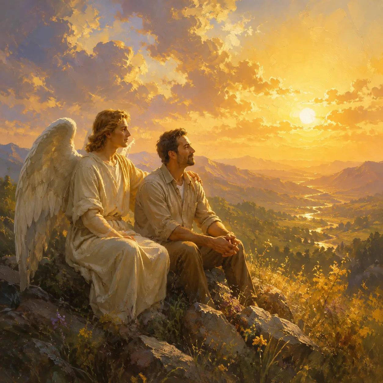 A family receiving a guardian blessing at sunset