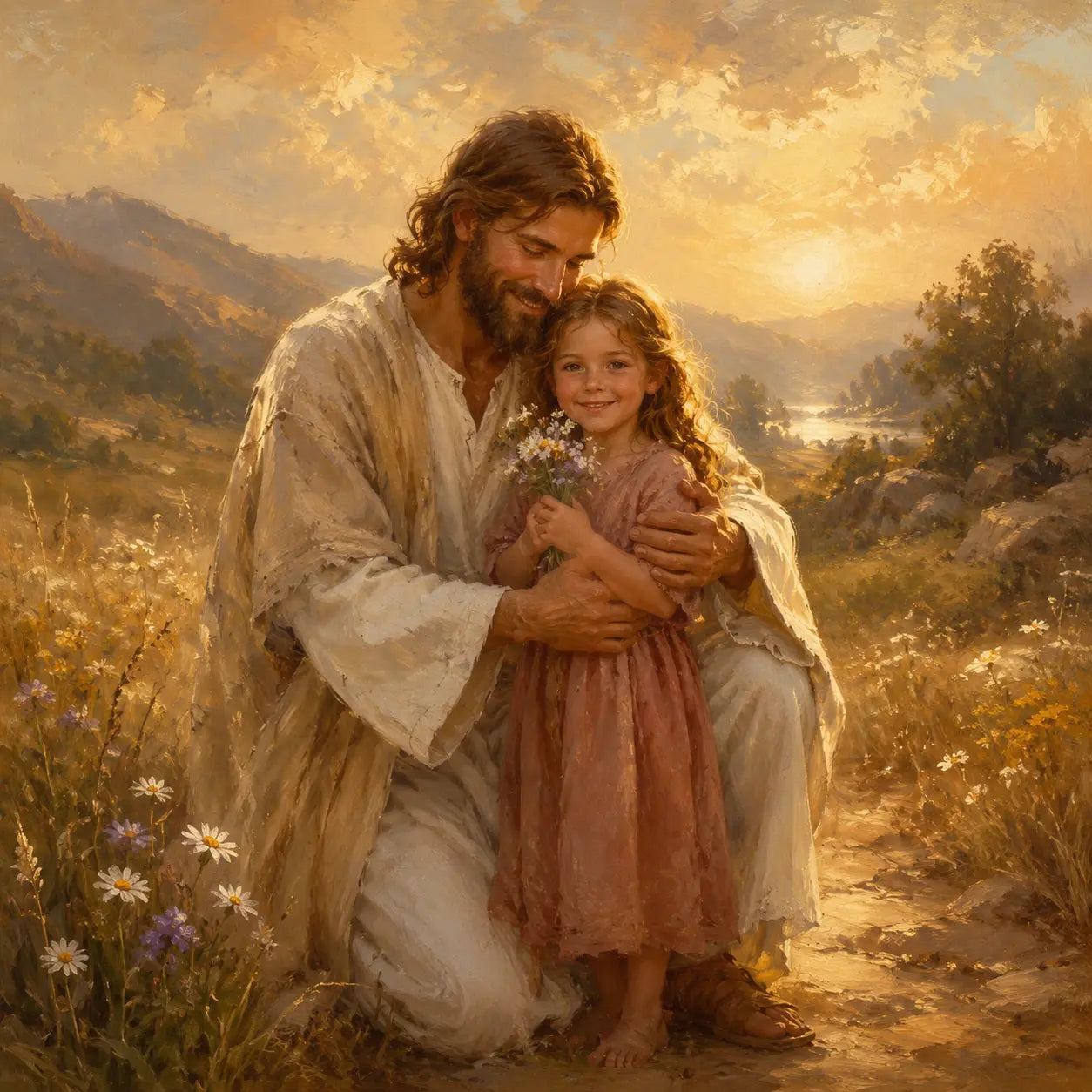 A heavenly guardian sharing a warm embrace in golden light