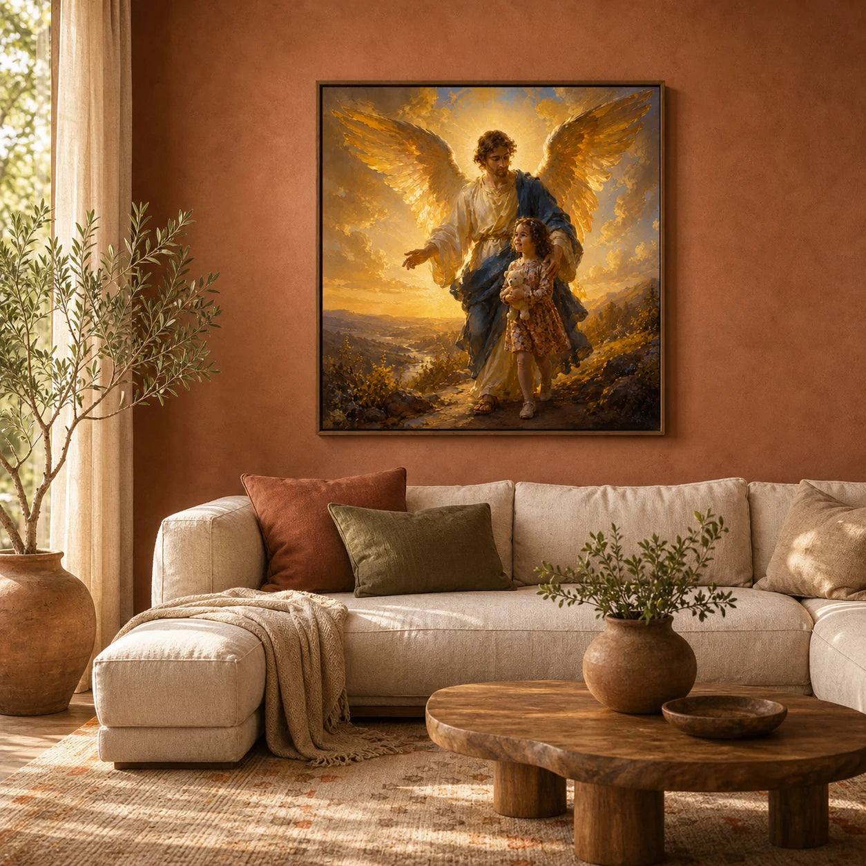 Family Circle artwork displayed in a warm terracotta living room