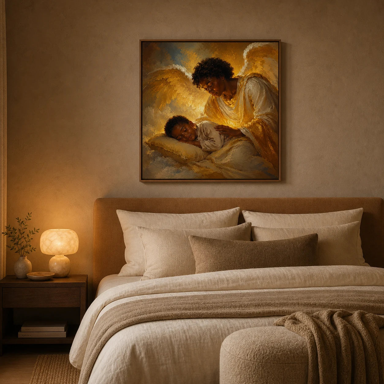 Golden Hour artwork displayed in an intimate amber bedroom