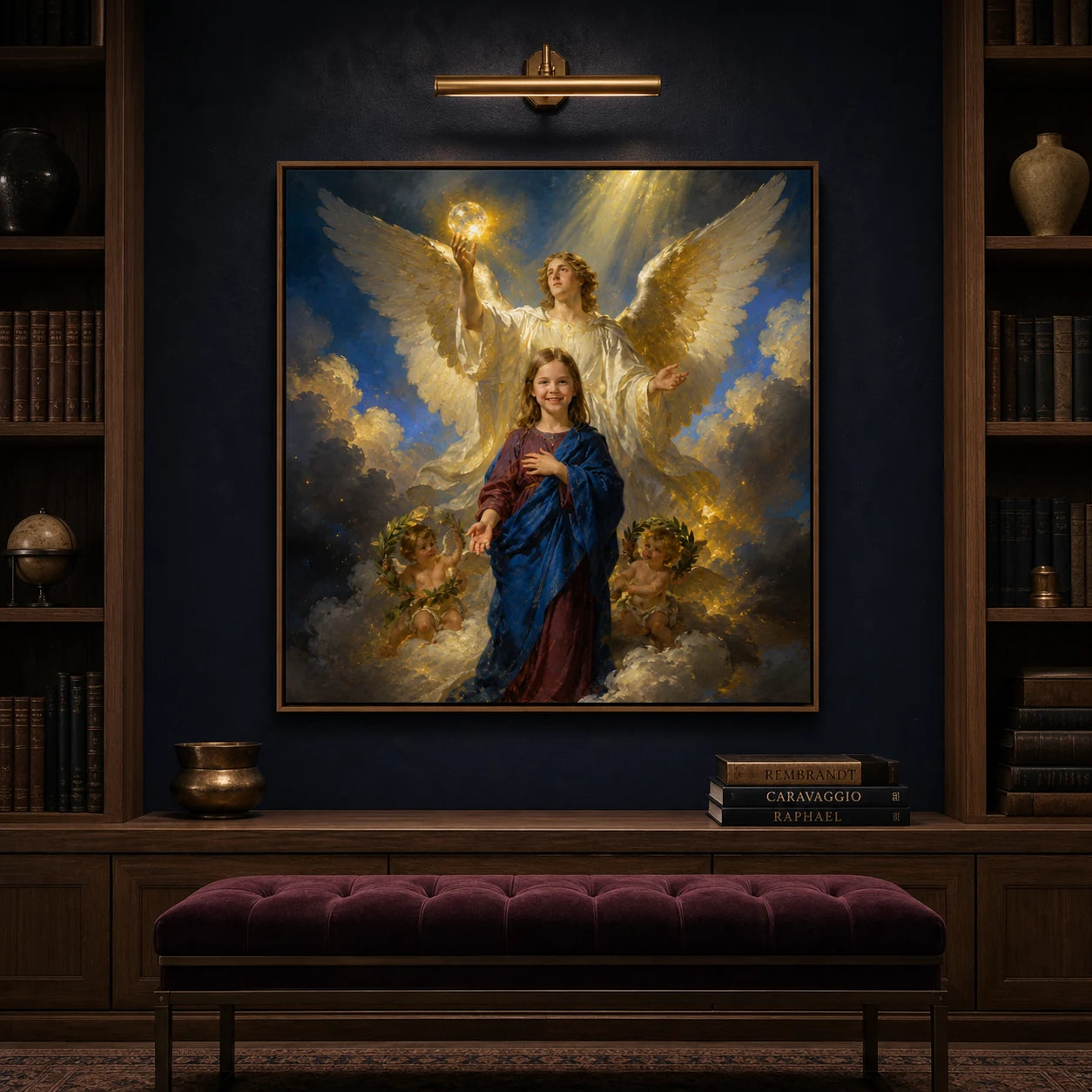 Guardian of Grace artwork displayed in a midnight-blue private library