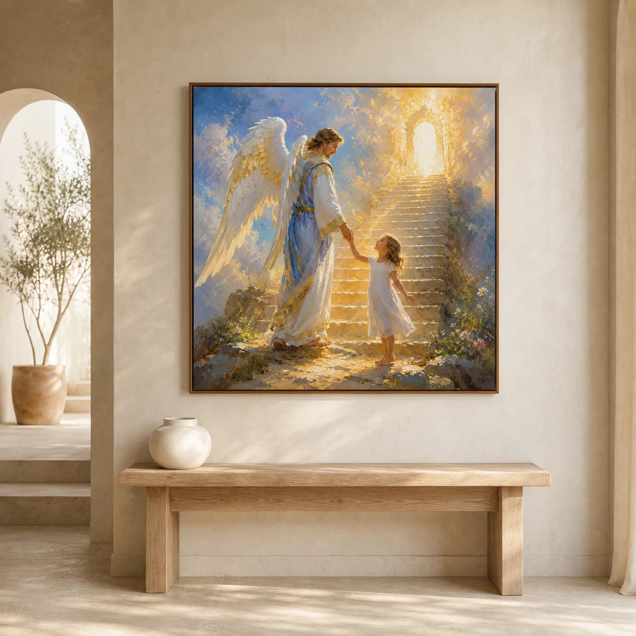 Heaven's Stairway artwork displayed in a serene limestone entry hall