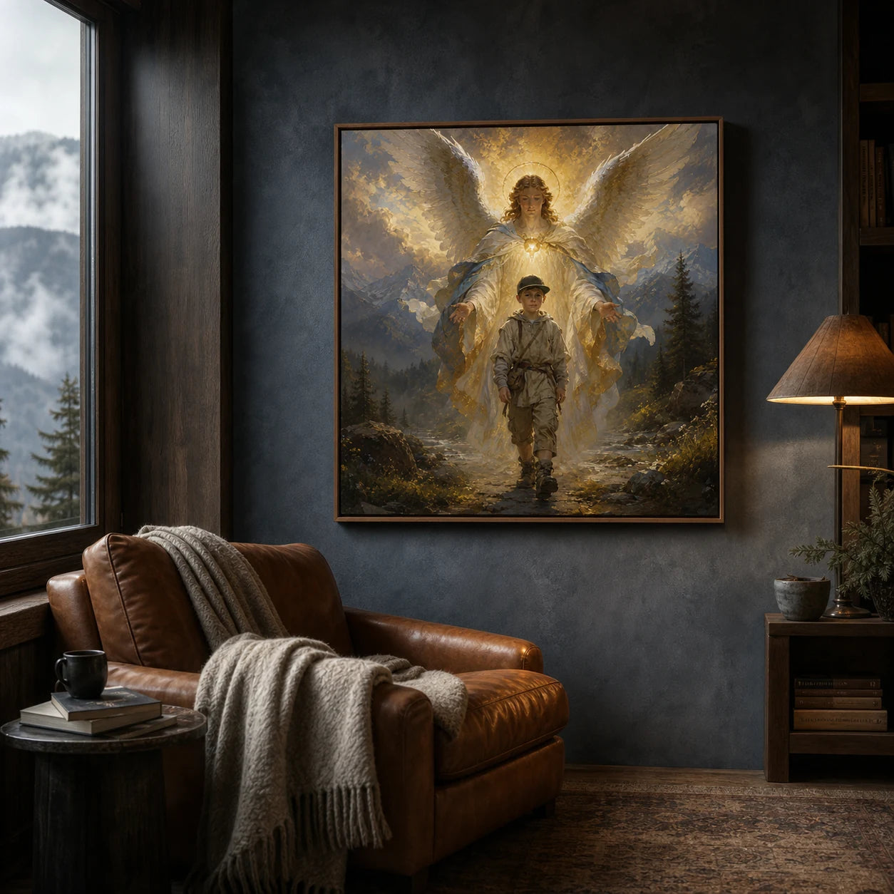 Mountain Mist artwork displayed in a moody alpine reading room