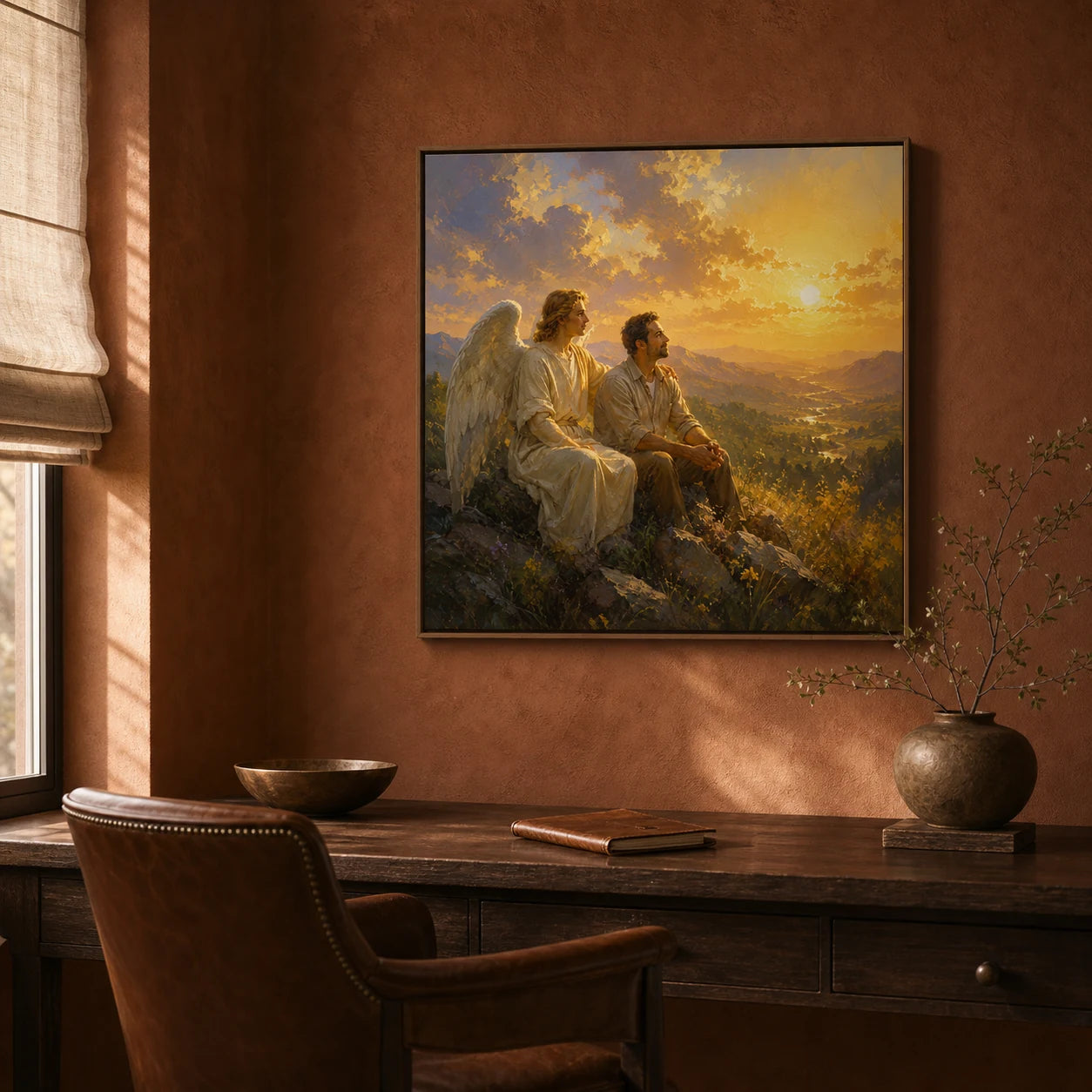 Sunset Blessing artwork displayed in a contemplative burnt-clay study